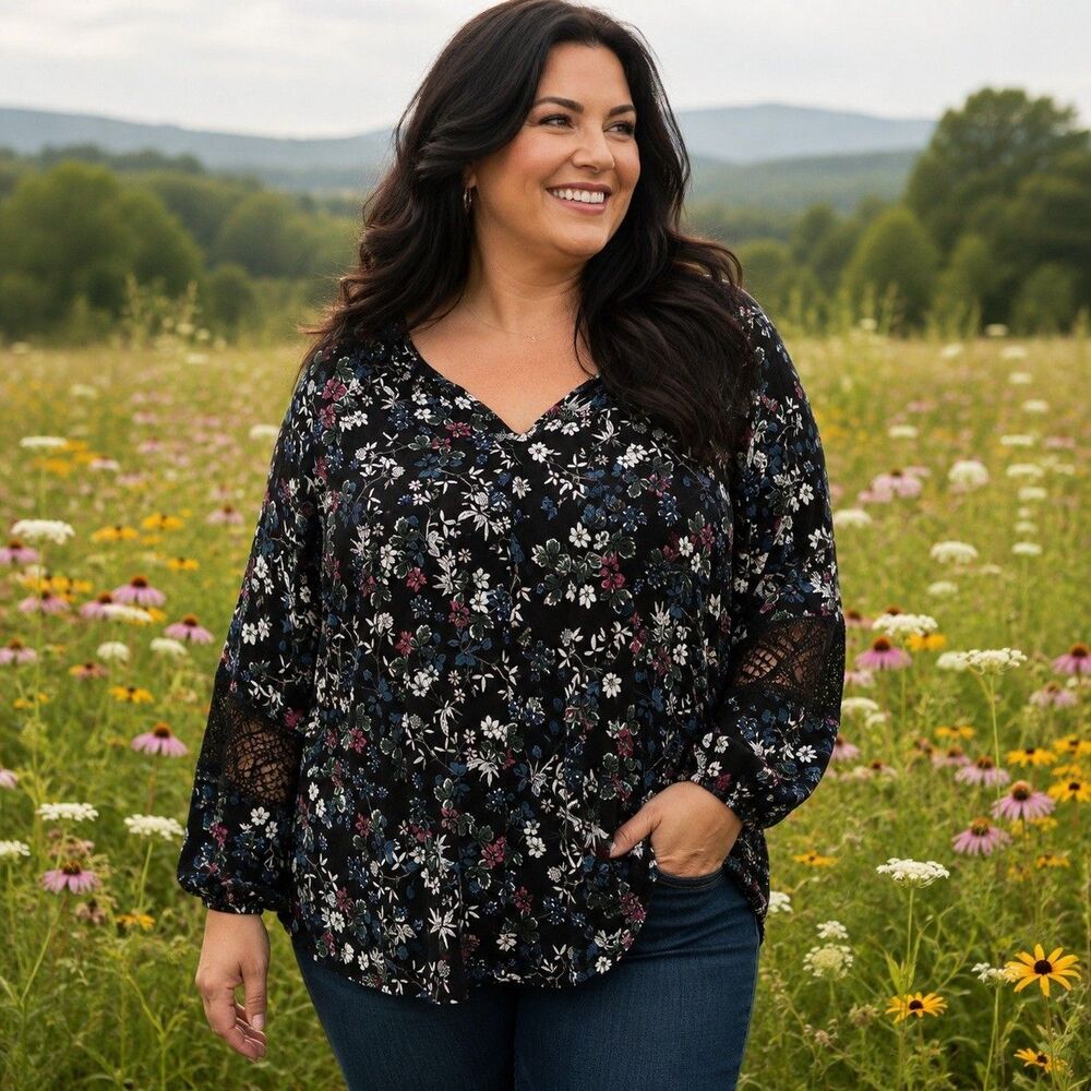 Liz Claiborne Woman 3X Floral Blouse Black Lace Sleeve Boho V Neck Plus Size